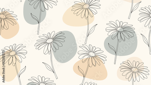 Seamless pattern of hand drawn daisies with pastel blue and yellow color patches for a fresh and cheerful spring floral background.