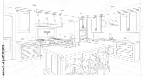 Modern Kitchen Design Sketch with Island and Cabinets.