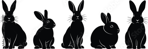 Black rabbit silhouette set featuring cute bunnies in various sitting and alert poses isolated on white for spring nature animal design