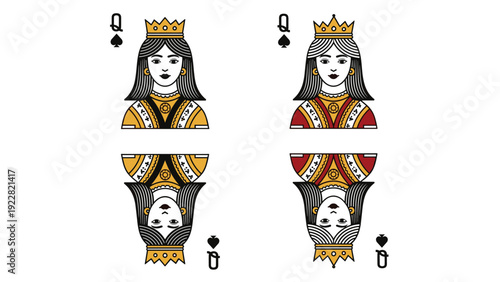 Queen of Spades playing cards set featuring two designs in gold and red colors for card games, magic tricks, and casino themes.