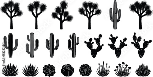 Desert plant silhouette set featuring cactus joshua trees and succulents black icons isolated on white background for nature and landscaping