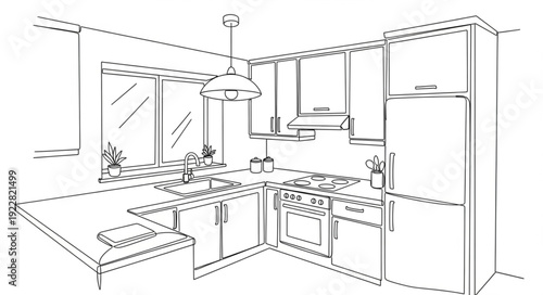 Modern Kitchen Design Sketch with Cabinets and Appliances.