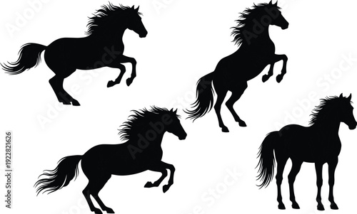 Black horse silhouette set featuring majestic stallions galloping rearing and standing in powerful poses isolated on white background for equine design