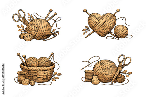 Four sepia-toned illustrations of knitting and sewing tools including yarn, needles, scissors, and baskets, presented in a hand-drawn artistic style on a dark background.