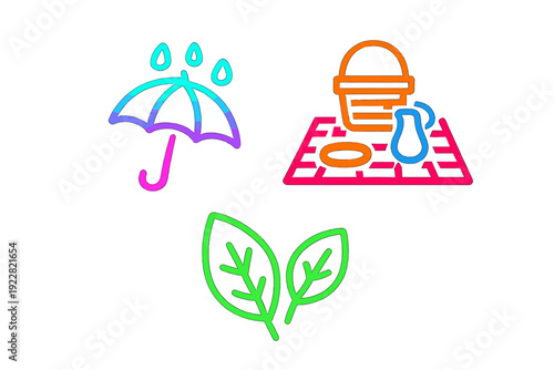 A set of three neon-style icons on a black background featuring a colorful umbrella with raindrops, a picnic setup on a checkered blanket, and two vibrant green leaves in a simple grid.
