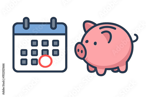 A flat cartoon illustration featuring a blue calendar with a red circle on a specific date next to a pink piggy bank, symbolizing financial planning or tax deadlines on a black background.