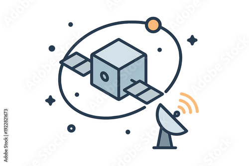 A stylized vector illustration of a cube-shaped satellite orbiting in space with stars and a planet, while a ground-based satellite dish transmits signals to it.