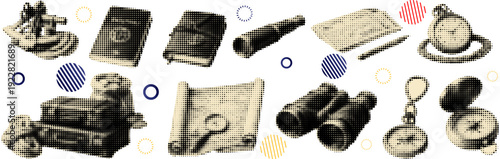 Halftone pop art dot suitcase map binocular camera globe hat cup vintage travel accessories collection vector illustration