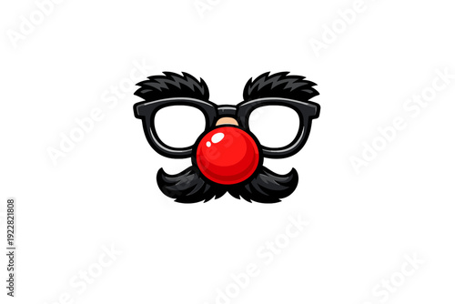 A cartoon illustration of a classic disguise mask featuring black-rimmed glasses, bushy eyebrows, a large red clown nose, and a thick mustache against a black background.