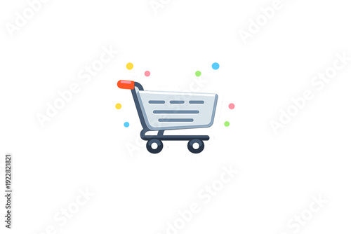 A stylized shopping cart icon with a white border and colorful dots floating around it, set against a solid black background. The cart features a red handle and blue frame.