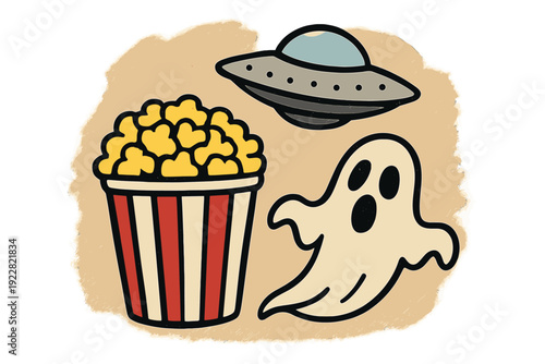 This graphic illustration shows a bucket of popcorn next to a spooky white ghost and a grey UFO flying saucer, set against a textured tan background and black frame.
