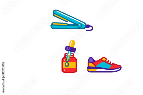 A collection of three colorful stickers featuring a blue hair straightener, a red serum bottle with a dropper, and a vibrant multi-colored sneaker against a solid black background.