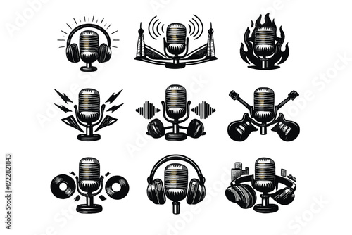 A collection of nine stylized vintage microphone icons on a black background, featuring various musical and broadcasting elements like headphones, guitars, flames, and radio towers.