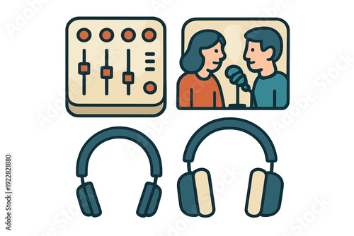 A minimalist graphic featuring four icons related to podcasting, including a mixing console, two people talking into a microphone, and two different styles of headphones.
