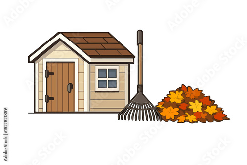 This illustration features a small wooden garden shed with a brown roof, a rake leaning nearby, and a pile of orange and yellow autumn leaves on the ground.