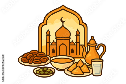 A warm-toned vector illustration of a traditional Iftar meal with dates, samosas, and a teapot, set before a mosque silhouette inside a decorative archway.