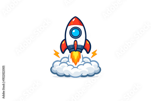 A cartoon rocket ship launches into space with bright orange flames and white smoke clouds against a solid black background. Two yellow lightning bolts appear on the sides.