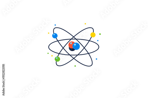 This minimalist vector graphic depicts a scientific atom model featuring a central nucleus and three distinct elliptical orbits with colorful electrons on a black background.