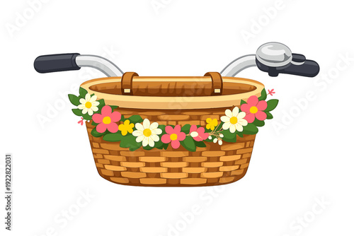 This illustration shows a bicycle handlebar with a woven wicker basket decorated with a floral garland of pink and white daisies. It includes a silver bell and black rubber grips.