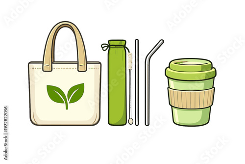 Illustration of a zero waste kit featuring a canvas tote bag with a leaf emblem, reusable metal straws with a cleaning brush in a pouch, and a green travel coffee mug.