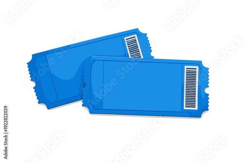 Two blue event tickets with perforated edges and a barcode section are displayed against a solid black background. The tickets are blank, suggesting a template for various events.