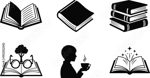Black book icon set featuring open books stacked novels reading glasses and student silhouette with coffee for library education and literacy