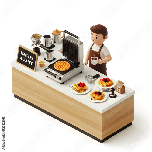 Miniature chef preparing waffles on a griddle at a small coffee shop stall with various food items displayed
