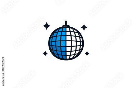 A minimalist blue and black disco ball icon featuring a grid pattern and small sparkles against a solid black background. Ideal for nightlife and party-themed designs.