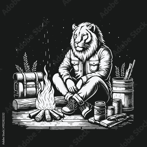 Lions Contemplation: A Moment of Solitude by the Campfire.