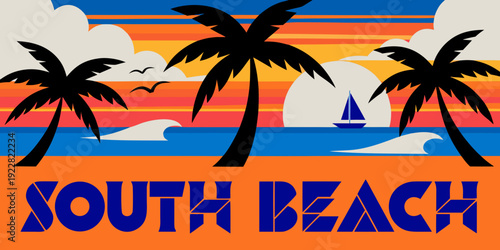 Wallpaper Mural USA, US, U.S, United States - South Beach Poster – Tropical Sunset Art, Palm Tree & Sailboat Illustration, Vibrant Miami Beach Decor Torontodigital.ca