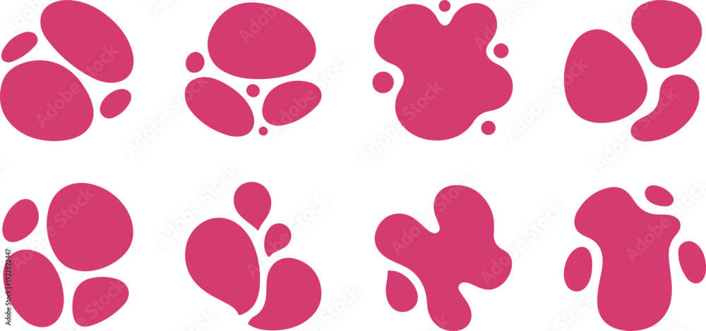 Fototapeta premium Collection of abstract pink organic shapes resembling stylized flowers or bubbles isolated on transparent background