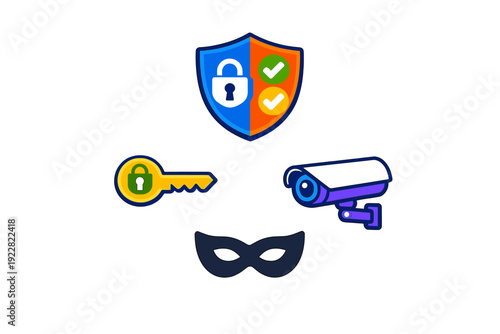 This illustration features security-themed icons such as a protective shield, a key with a lock, a surveillance camera, and a thief mask arranged on a solid black background.