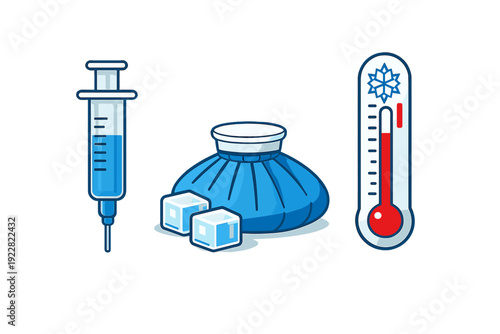 A stylized illustration featuring a medical syringe filled with blue liquid, a blue ice pack with ice cubes, and a thermometer with a snowflake icon on a black background.