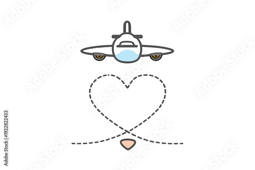 This graphic shows a front view of a cartoon airplane flying over a heart-shaped path made of dashed lines against a solid black background. It symbolizes a passion for aviation.