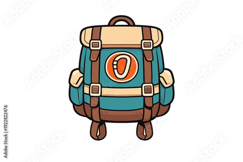 A stylized cartoon illustration of a teal and brown hiking backpack with straps and a carabiner emblem, isolated on a black background for travel and adventure themes.