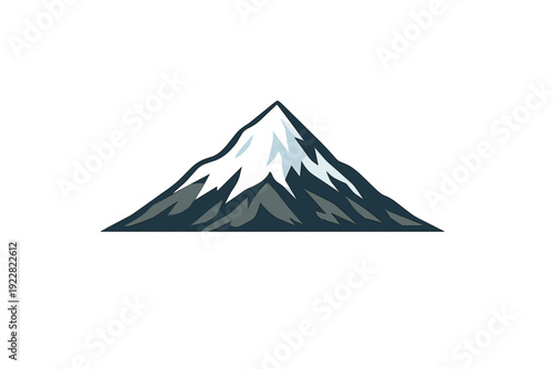 This graphic illustration features a stylized mountain peak with a white snow cap and dark grey base. The minimalist design is isolated on a plain black background for a modern look.