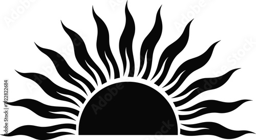 Black sun silhouette with wavy rays isolated on white background sunrise or sunset icon for summer heat energy and spiritual