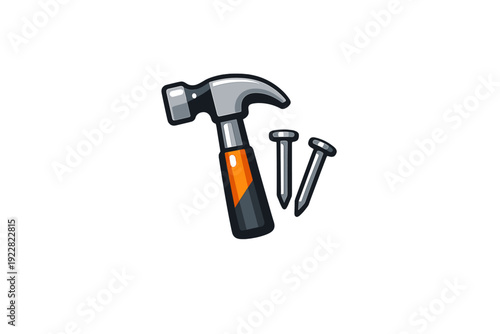 This vector graphic features a claw hammer with a black and orange handle positioned beside two metallic nails, all presented in a stylized cartoon format on a dark backdrop.
