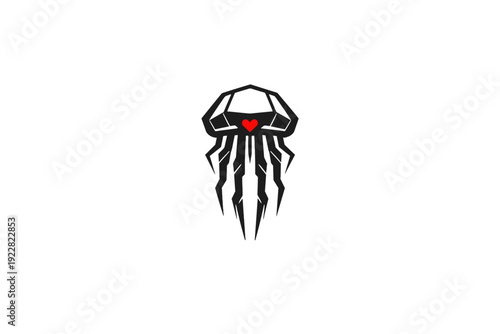 A minimalist graphic illustration of a geometric jellyfish with a white polygonal head and a small red heart, featuring jagged black tentacles against a solid black background.