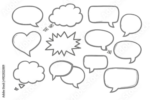 Set of various hand-drawn white speech bubbles and thought clouds with grey outlines on a black background. Includes heart, oval, and jagged shapes for comic book elements.