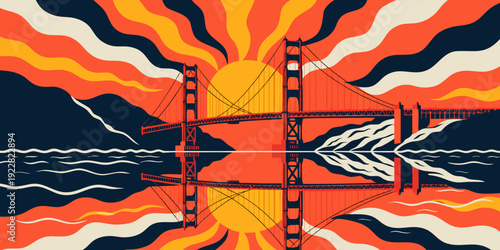 USA, US, U.S, United States - Golden Gate Bridge Sunset Art – Vibrant Retro Reflection Illustration, Colorful San Francisco Landmark Poster Wall Decor