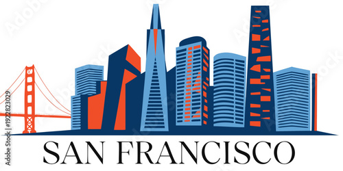 USA, US, U.S, United States - San Francisco Skyline Art – Modern City Illustration with Golden Gate Bridge, Colorful SF Landmark Poster Wall Decor