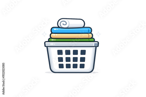 A clean laundry basket filled with neatly folded colorful towels and clothes. The illustration features a white basket with blue, yellow, and green fabrics on a black background.