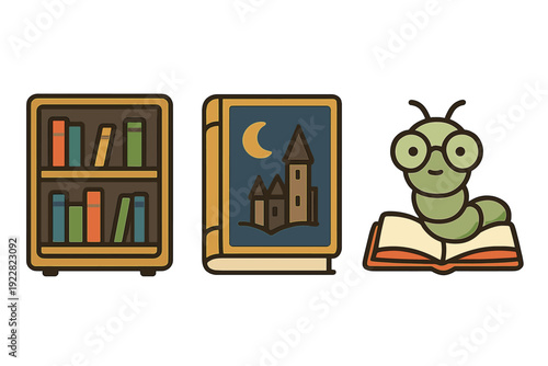 A set of three flat icons featuring a bookshelf with colorful books, a fantasy book with a castle on the cover, and a cute green bookworm with glasses reading an open book.