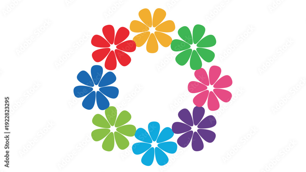 Fototapeta premium Colorful wreath formed by a circle of vibrant eight-petal flower icons in various shades like red, yellow, green, blue, purple, and orange.