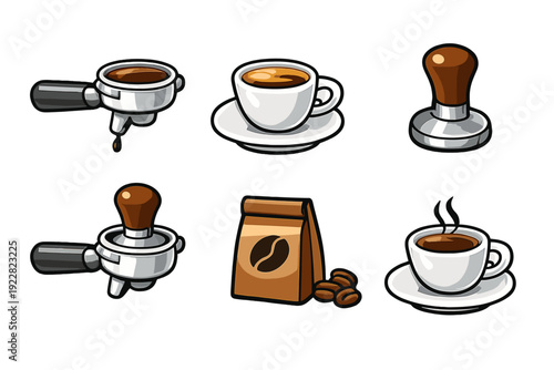 Six stylized coffee icons featuring a portafilter, tamper, bag of beans, and cups of hot espresso. The illustrations have thick outlines and are set against a black background.