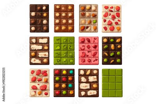 Twelve assorted chocolate bars are displayed in a neat grid against a black background, showcasing different flavors and toppings such as nuts, berries, and colorful candy pieces.