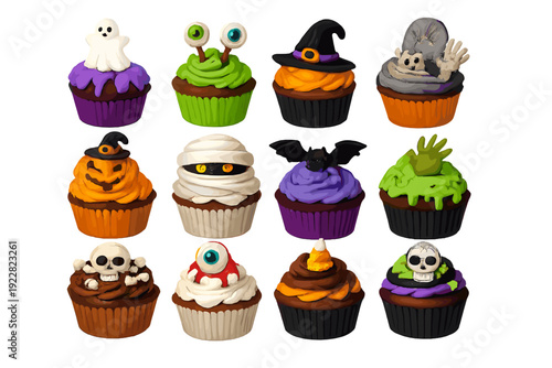 A collection of twelve Halloween-themed cupcakes with various spooky decorations like ghosts, pumpkins, skulls, and bats, arranged in a grid against a solid black background.