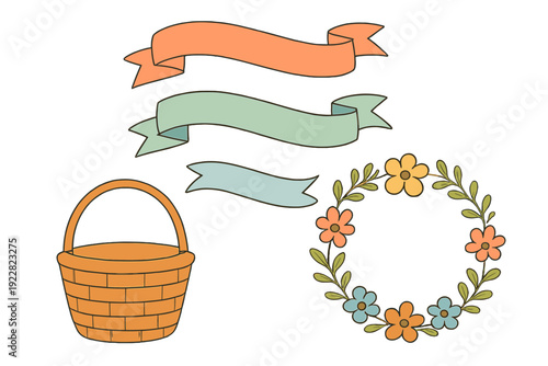 A collection of decorative clipart elements including three pastel ribbons, a woven basket, and a floral wreath with colorful blossoms and green leaves on a black background.
