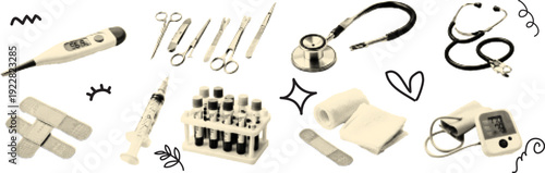 Halftone pop art dot stethoscope syringe scissor forceps test tube thermometer doctor medical tool vector illustration